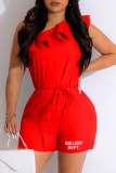 Red Street Print Flounce Letter One Shoulder Sleeveless Two Pieces