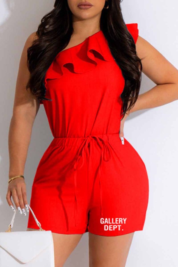Red Street Print Flounce Letter One Shoulder Sleeveless Two Pieces