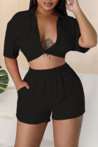 Black Sexy Solid Patchwork V Neck Short Sleeve Two Pieces