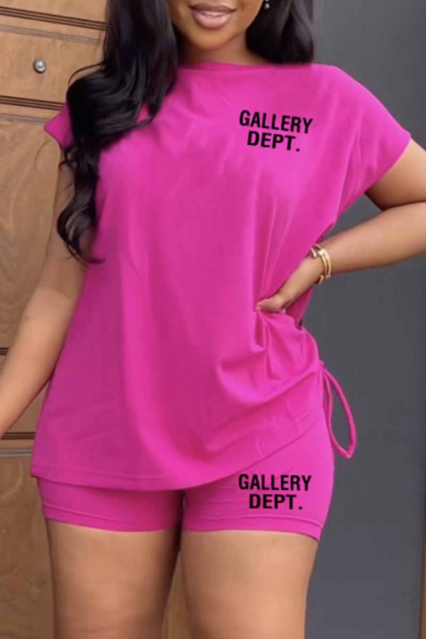 Rose Red Street Print Letter O Neck Short Sleeve Two Pieces