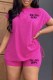 Rose Red Street Print Letter O Neck Short Sleeve Two Pieces