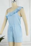 Light Blue Sexy Solid Patchwork Backless Oblique Collar Regular Romper