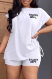 Rose Red Street Print Letter O Neck Short Sleeve Two Pieces