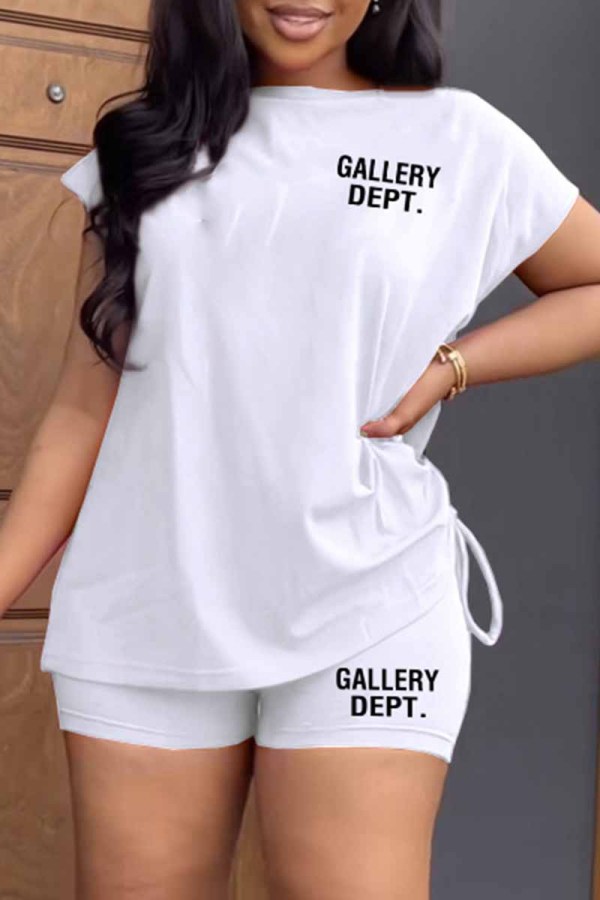 White Street Print Letter O Neck Short Sleeve Two Pieces