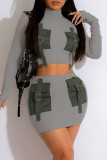 Grey Casual Solid Patchwork Pocket Half A Turtleneck Long Sleeve Two Pieces