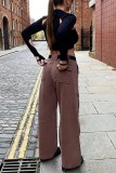 Brown Casual Solid Patchwork High Waist Straight Denim Jeans