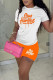Tangerine Red Casual Print Patchwork O Neck Short Sleeve Two Pieces