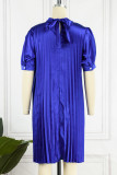 Royal Blue Casual Solid Patchwork Fold O Neck Straight Dresses