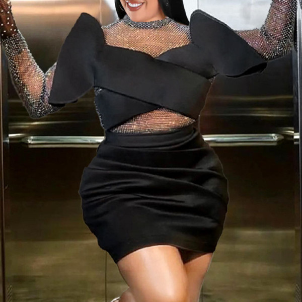 Black Sexy Solid Patchwork O Neck One Step Skirt Dresses