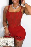 Red Sexy Print See-through U Neck Sleeveless Two Pieces