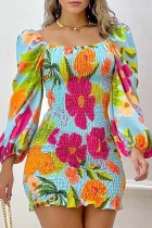 Colour Casual Print Patchwork O Neck Long Sleeve Dresses