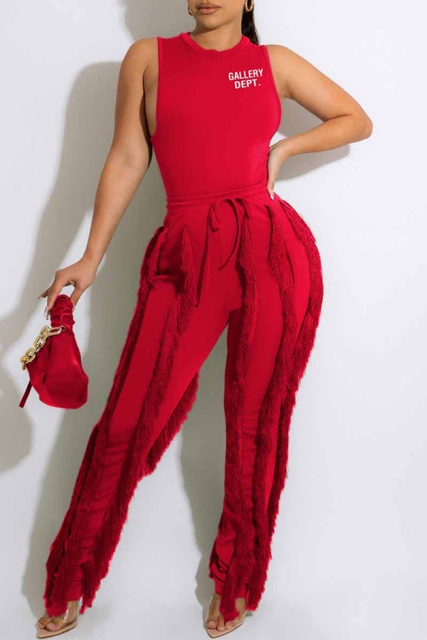 Red Street Print Tassel Letter O Neck Sleeveless Two Pieces