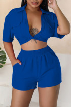 Blue Sexy Solid Patchwork V Neck Short Sleeve Two Pieces