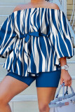 Blue White Casual Print Patchwork Off the Shoulder Three Quarter Two Pieces