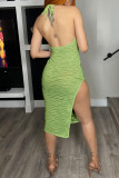 Green Sexy Solid Bandage Backless Slit Halter Sleeveless Dress Dresses