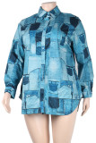 Blue Casual Print Patchwork Shirt Collar Plus Size Tops