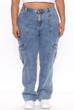 Light Blue Casual Street Solid Patchwork Pocket High Waist Denim Jeans