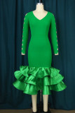 Green Elegant Solid Hollowed Out Patchwork Flounce V Neck Evening Dress Dresses