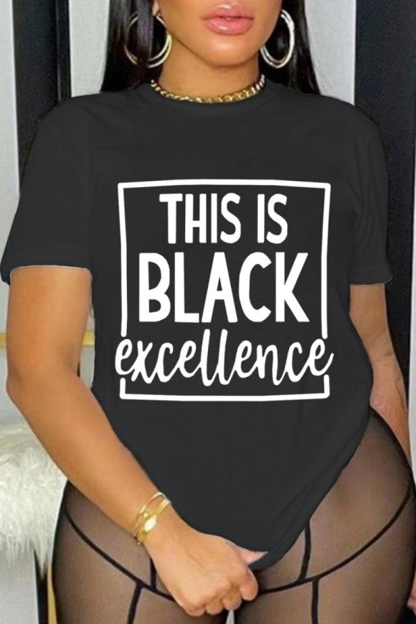 Black Casual Letter Print Basic O Neck T-Shirts