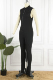 White Casual Solid Patchwork Zipper Collar Skinny Jumpsuits