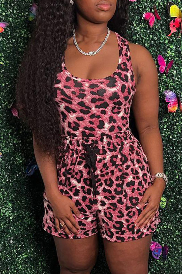 Red Sexy Casual Print Leopard Basic U Neck Sleeveless Two Pieces