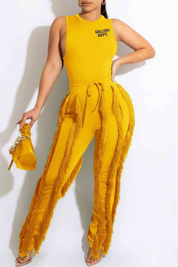 Yellow Street Print Tassel Letter O Neck Sleeveless Two Pieces