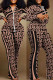 Red-brown Casual Print Patchwork Zipper Collar Plus Size Two Pieces