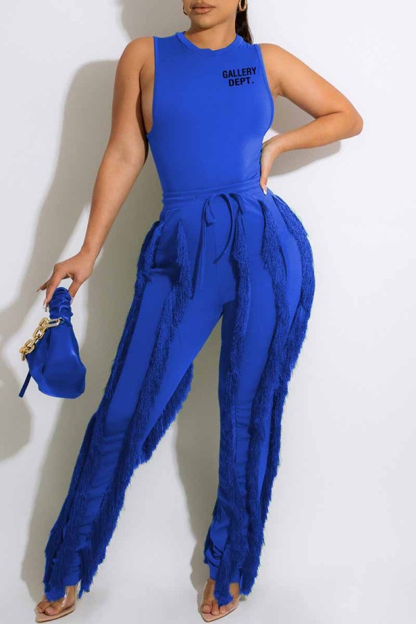 Blue Street Print Tassel Letter O Neck Sleeveless Two Pieces
