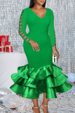 Green Elegant Solid Hollowed Out Patchwork Flounce V Neck Evening Dress Dresses