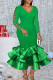 Green Elegant Solid Hollowed Out Patchwork Flounce V Neck Evening Dress Dresses