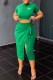 Green Street Print Slit Letter O Neck Short Sleeve Two Pieces