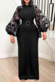 Black Casual Elegant Solid Patchwork With Belt O Neck One Step Skirt Dresses