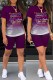 Purple Casual Print Letter O Neck Short Sleeve Two Pieces