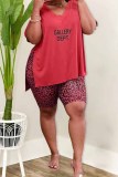 Yellow Casual Leopard Letter V Neck Plus Size Two Pieces