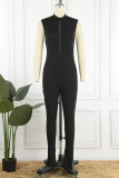 White Casual Solid Patchwork Zipper Collar Skinny Jumpsuits