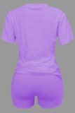 Purple Casual Print Letter O Neck Short Sleeve Two Pieces