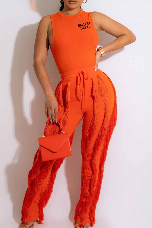 Orange Street Print Tassel Letter O Neck Sleeveless Two Pieces