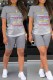 Grey Casual Print Letter O Neck Short Sleeve Two Pieces