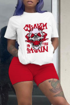 Red Casual Print Skull O Neck Short Sleeve Two Pieces