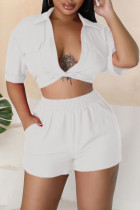 White Sexy Solid Patchwork V Neck Short Sleeve Two Pieces