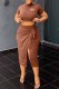 Brown Street Print Slit Letter O Neck Short Sleeve Two Pieces