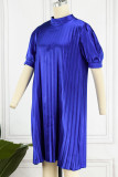 Royal Blue Casual Solid Patchwork Fold O Neck Straight Dresses