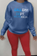 Blue Casual Daily Print Patchwork Letter O Neck Tops