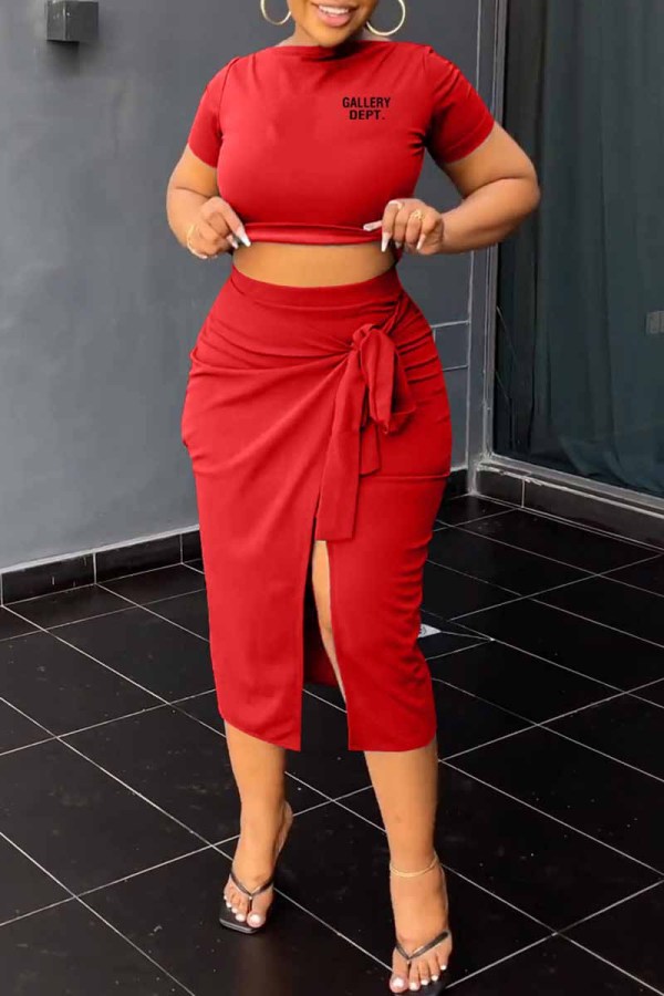 Red Street Print Slit Letter O Neck Short Sleeve Two Pieces