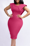 Rose Red Casual Elegant Solid Patchwork Square Collar One Step Skirt Dresses