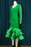 Green Elegant Solid Hollowed Out Patchwork Flounce V Neck Evening Dress Dresses