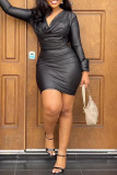 Red Sexy Solid Patchwork V Neck Pencil Skirt Dresses