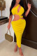 Yellow Sexy Solid Hollowed Out Patchwork Oblique Collar Pencil Skirt Dresses