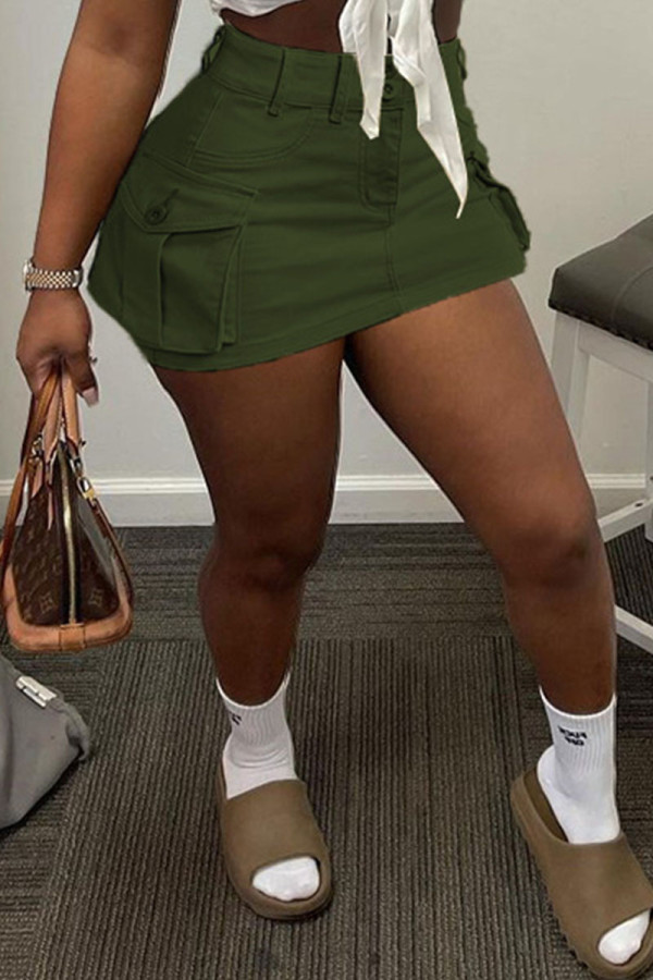 Army Green Casual Solid Patchwork Pocket Regular High Waist Straight Solid Color Bottoms