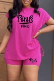 Rose Red Street Print Letter O Neck Short Sleeve Two Pieces